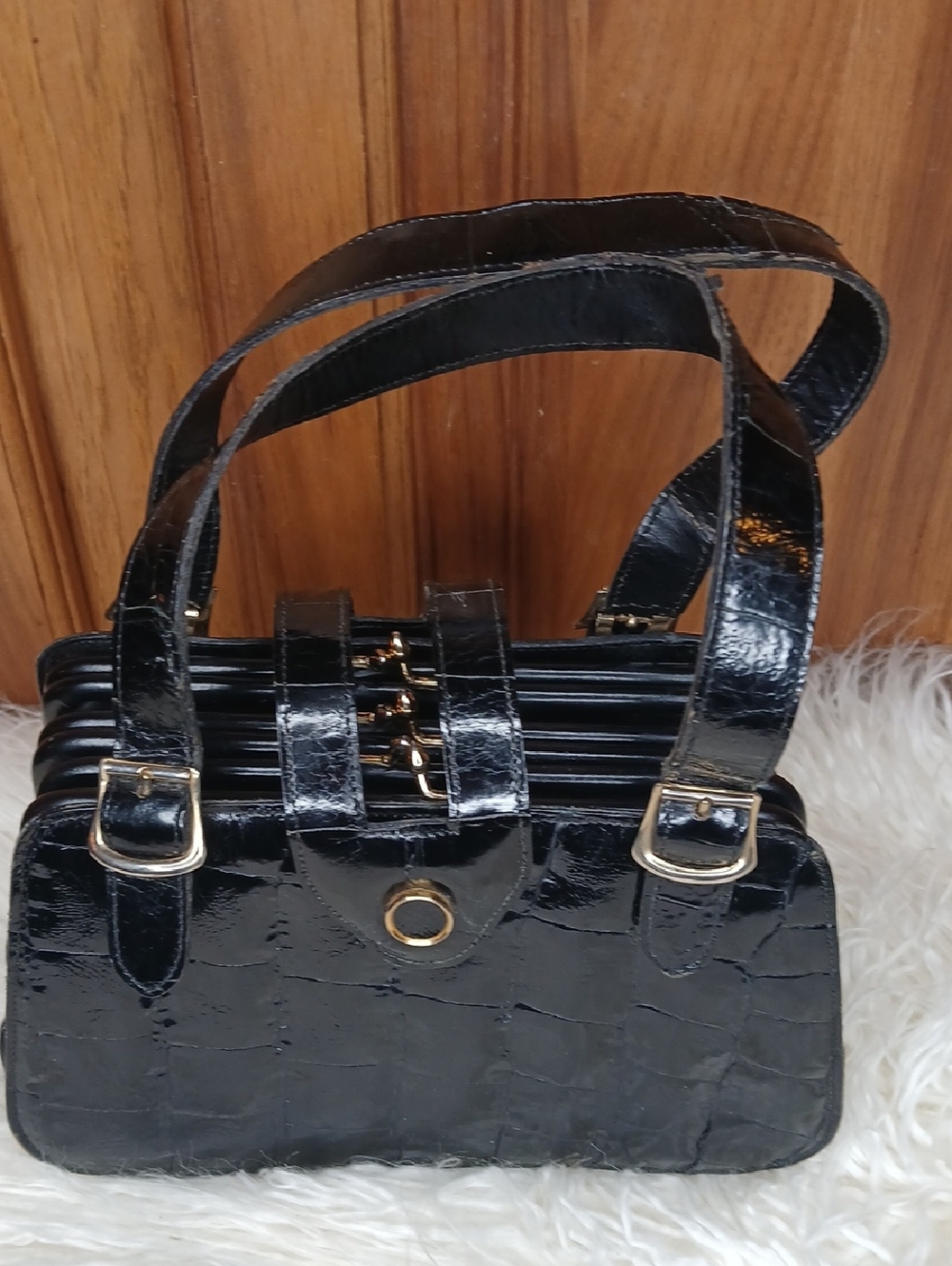 Vintage Black Patent Croc-Embossed Women's Handbag